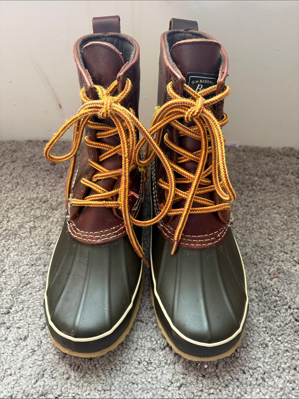 G.H. Bass & Co. Brown Leather and Olive Rubber Duck Boots with Yellow Laces
